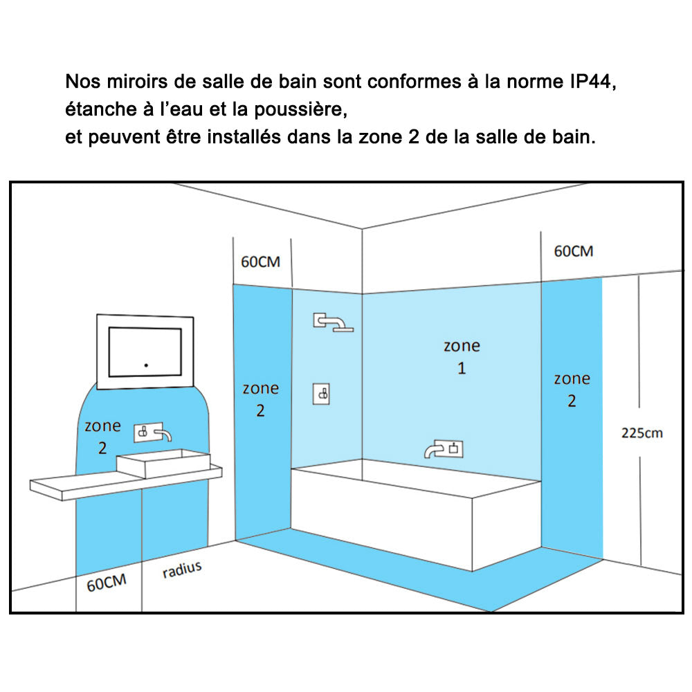 Ocean Miroir salle de bain LED avec éclairag + miroir mural cosmétique lumineux + anti-buée + Horloge numérique et date + miroir grossissant+Horzontal