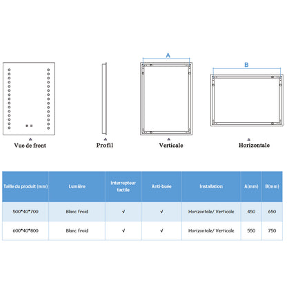 Miroir de salle de bain à 2 touches tactiles, avec fonction LED et anti-buée, Modèle multipoints