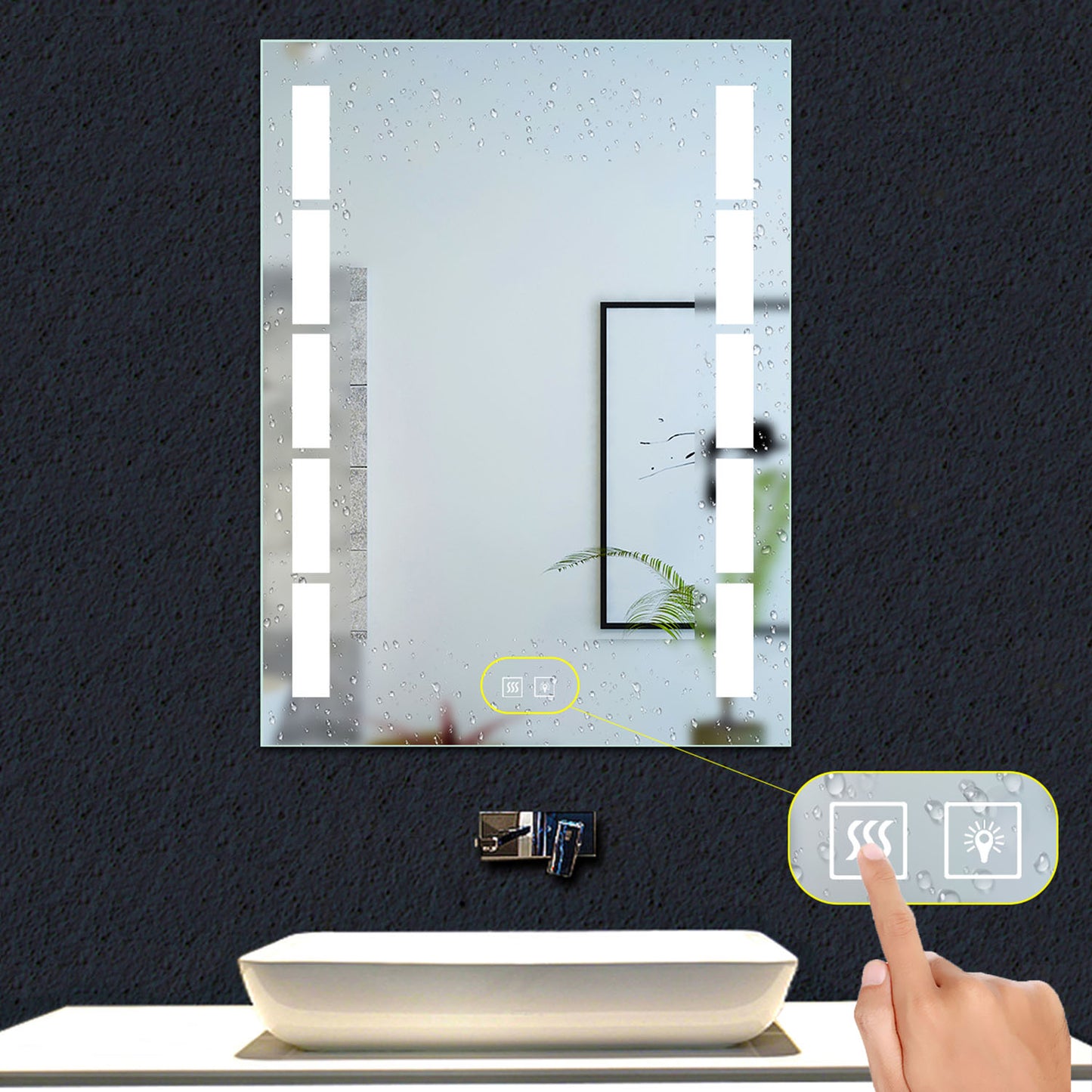 Miroir de salle de bain à 2 touches tactiles, avec fonction LED et anti-buée