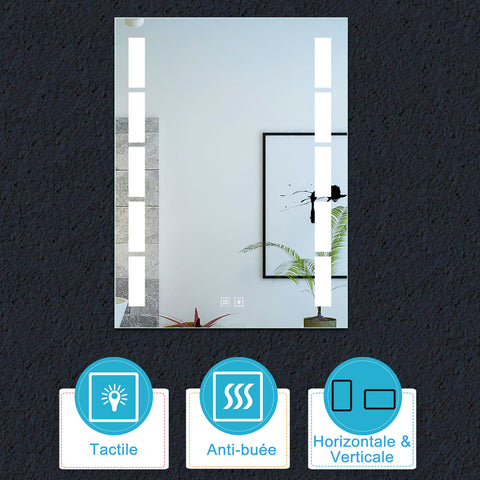 Miroir de salle de bain à 2 touches tactiles, avec fonction LED et anti-buée, Modèle Rail
