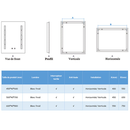 Miroir de salle de bain à 2 touches tactiles, avec fonction LED et anti-buée
