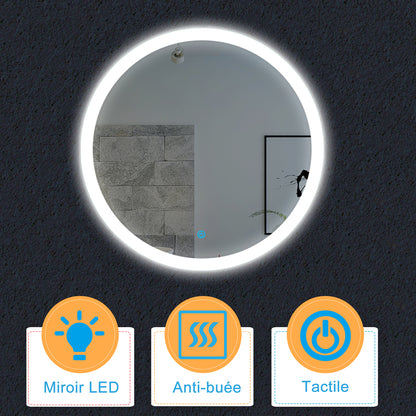 Miroir de salle de bain, commutateur tactile, avec fonction LED et anti-buée // Rond