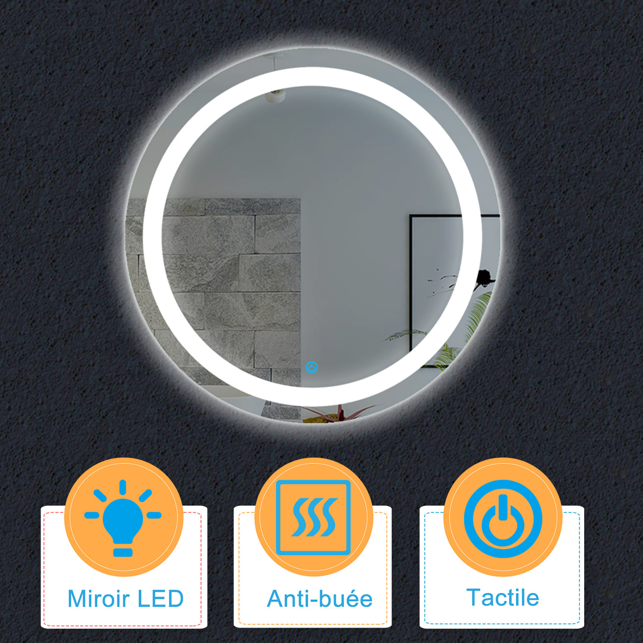 Miroir de salle de bain, commutateur tactile, avec fonction LED et anti-buée // Rond