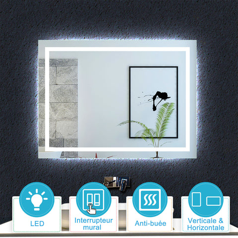 Miroir LED Rectangulaire Mural Lumineux avec Interrupteur 60x 65 cm