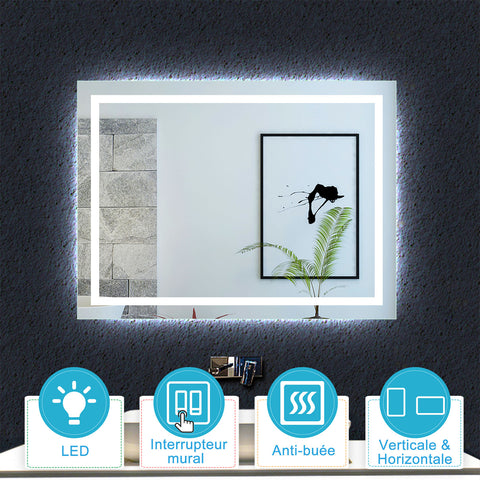 70x50cm Ocean Miroir salle de bain anti-buée LED miroir Horizantal et vertical Interrupteur mural
