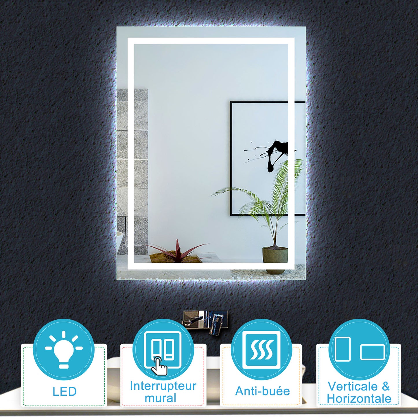 70x50cm Ocean Miroir salle de bain anti-buée LED miroir Horizantal et vertical Interrupteur mural