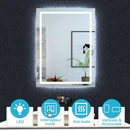 70x50cm Ocean Miroir salle de bain anti-buée LED miroir Horizantal et vertical Interrupteur mural