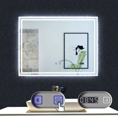Miroir tactile antibuée LED tricolore avec Bluetooth simple et horloge, 70/80/100/120/140/160 cm