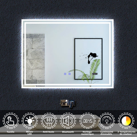 Miroir tactile antibuée LED tricolore avec Bluetooth simple et horloge, 70/80/100/120/140/160 cm
