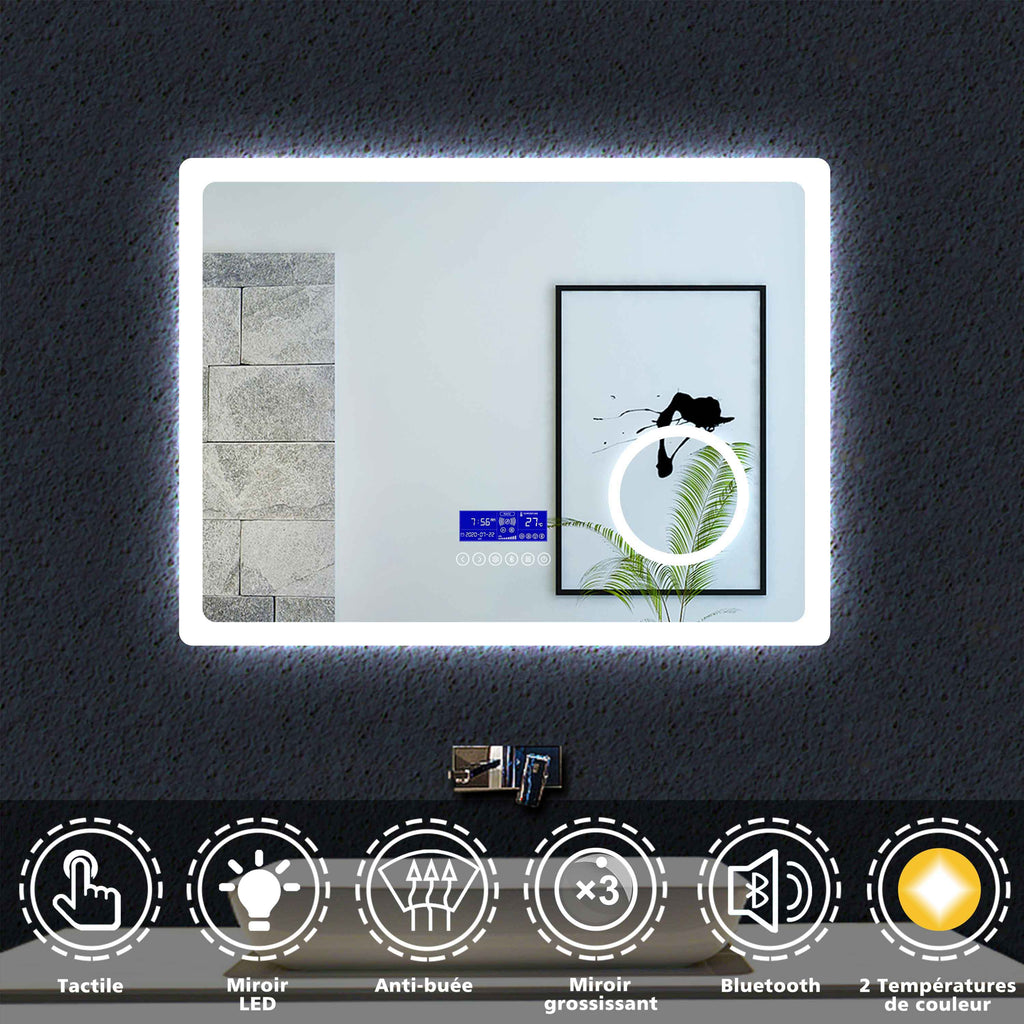 AICA Miroir LED tactile avec bluetooth 80*60cm, 3 couleurs