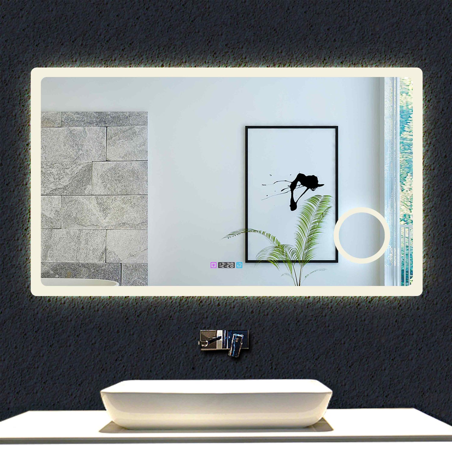 Ocean Miroir de salle de bain avec LED couleur et luminosité réglables + antibuée + Miroir grossissant + Horloge numérique