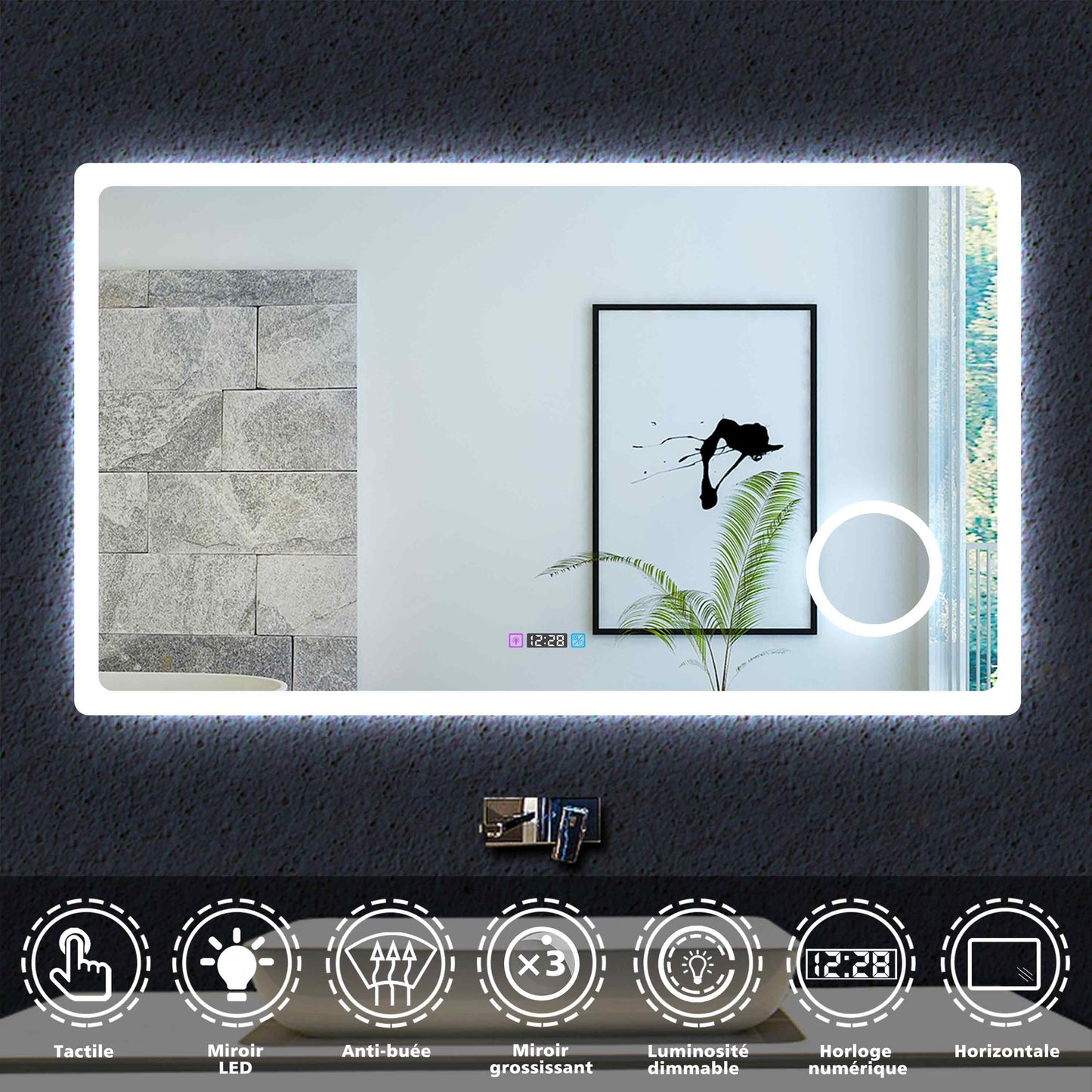 Ocean Miroir de salle de bain avec LED couleur et luminosité réglables + antibuée + Miroir grossissant + Horloge numérique