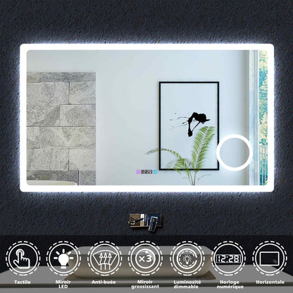 Ocean Miroir de salle de bain avec LED couleur et luminosité réglables + antibuée + Miroir grossissant + Horloge numérique