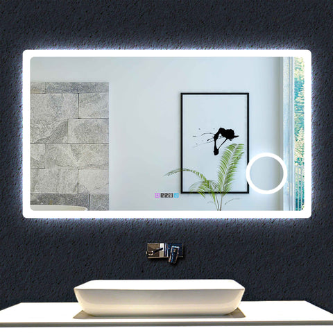 Ocean Miroir de salle de bain avec LED couleur et luminosité réglables + antibuée + Miroir grossissant + Horloge numérique