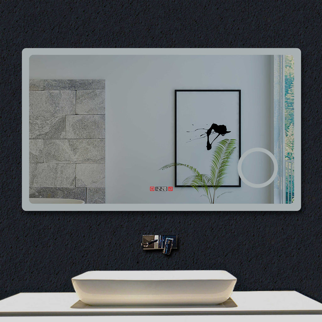 Miroir de salle de bain 140cmx80cm avec LED couleur et luminosité réglables  + anti-buée + Miroir grossissant + Horloge numérique [TZBY_J-HD1507TM] -  AICA - Grand choix au petit prix - Paroi de
