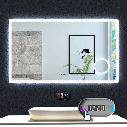 Ocean Miroir de salle de bain avec LED couleur et luminosité réglables + antibuée + Miroir grossissant + Horloge numérique