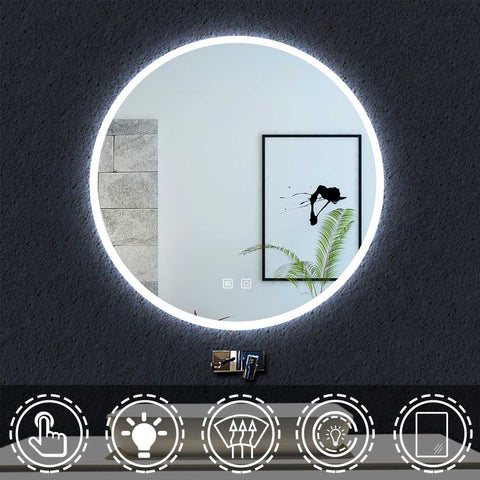Ocean sanitaire Miroir de Salle de Bain avec Anti-buée + LED 2700K-6500K avec lumière et luminosité réglables Rond ∅60cm double interrupteur tactile