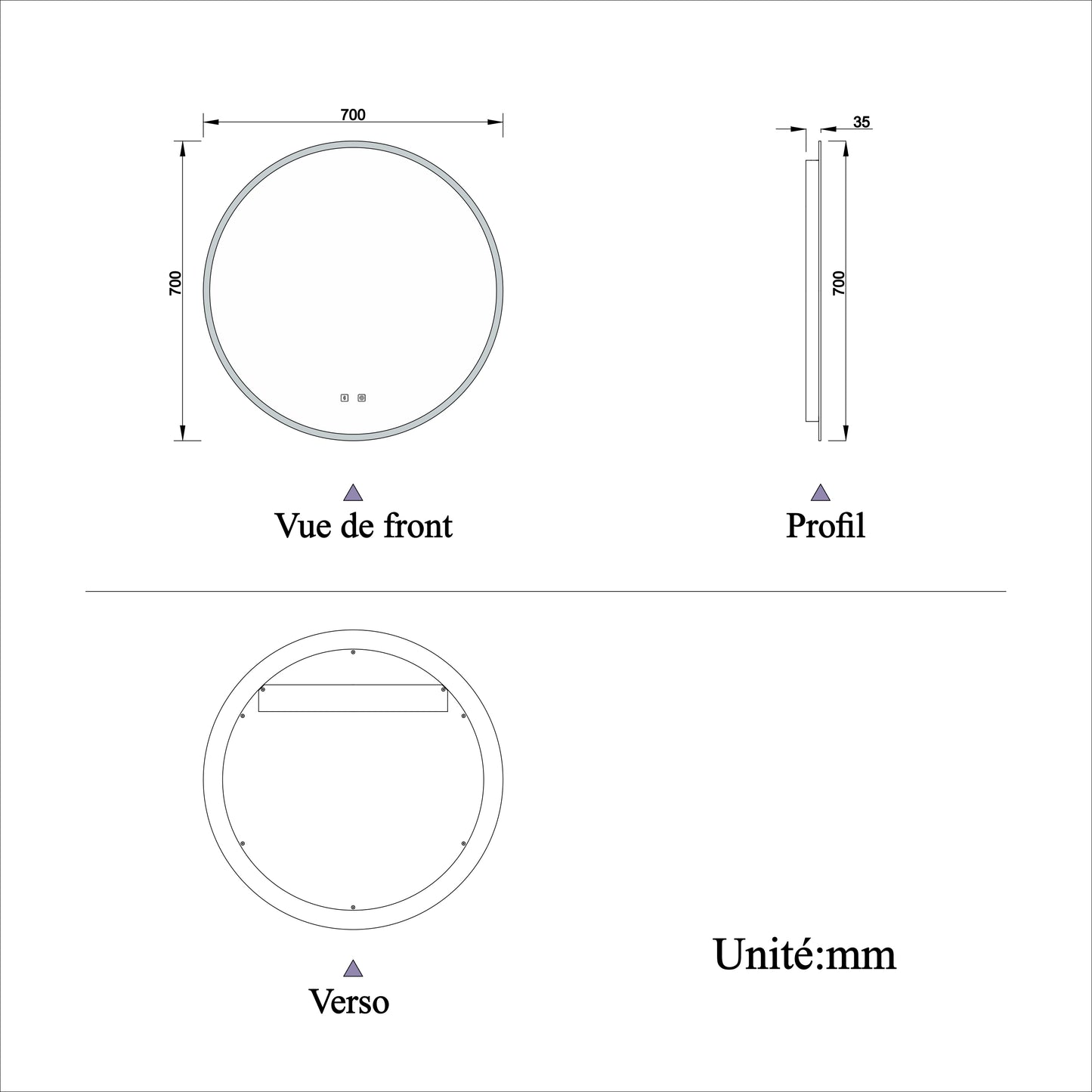 Miroir rond LED Bluetooth simple avec anti-buée et miroir de salle de bain tactile 60/70/80cm