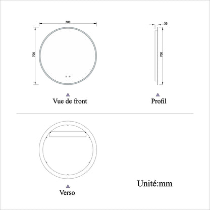 Miroir rond LED Bluetooth simple avec anti-buée et miroir de salle de bain tactile 60/70/80cm