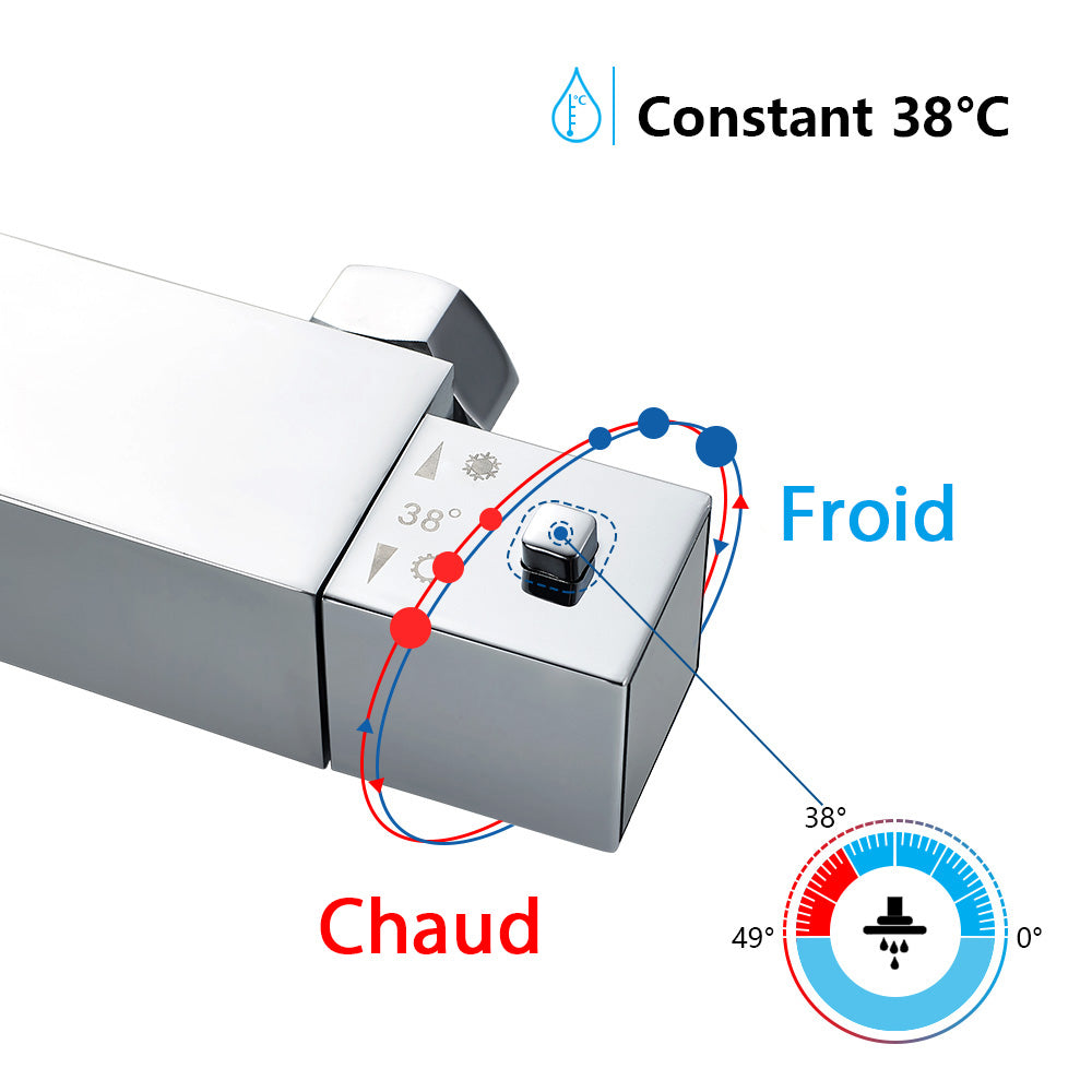 Océan mitigeur de douche thermostatique exposé salle de bain tête double grand ensemble de barre carrée Chrome