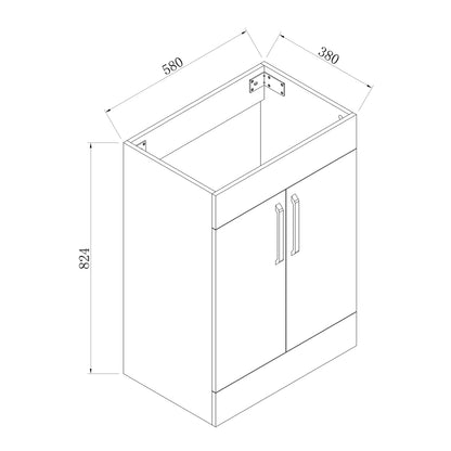 Meuble de salle de bain, sous vasque à poser, meuble de rangement MDF à 2 portes battantes/tiroirs 58cm, avec vasque intégrée