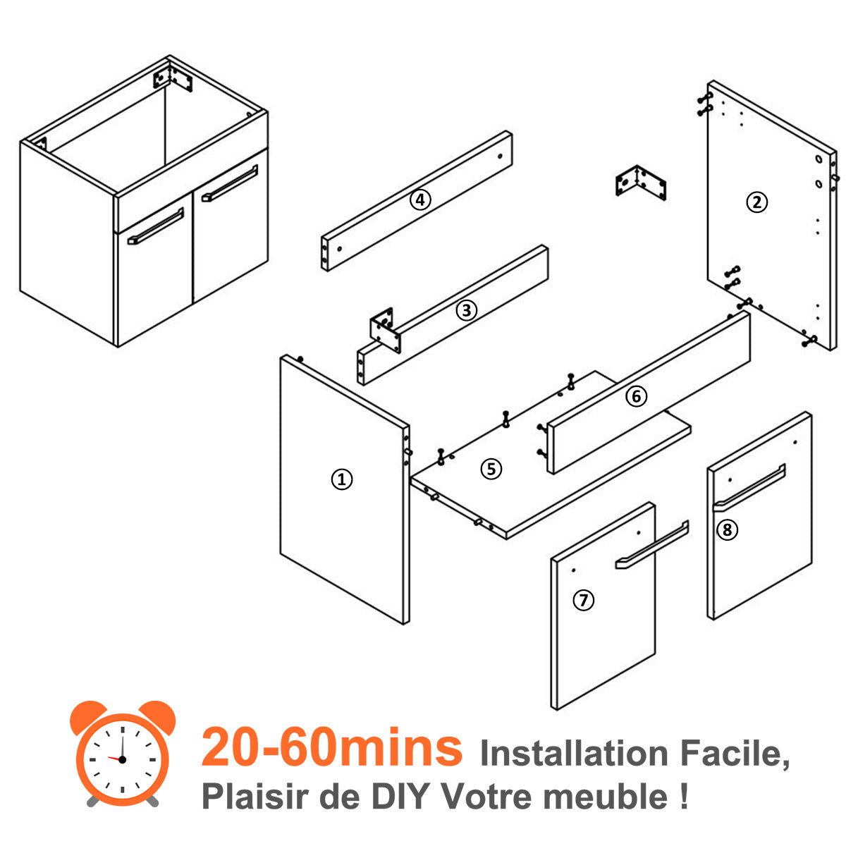 Meuble de salle de bain, sous vasque à suspendre, meuble de rangement MDF à 2 portes battantes 60cm, avec plan vasque intégré Blanc / Marron noix