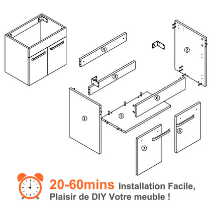 Meuble de salle de bain, sous vasque à suspendre, meuble de rangement MDF à 2 portes battantes 60cm, avec plan vasque intégré Blanc / Marron noix