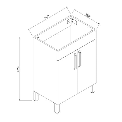 Meuble de salle de bain, sous vasque sur pieds, meuble de rangement MDF 60cm, avec plan vasque intégré Blanc / Marron noix