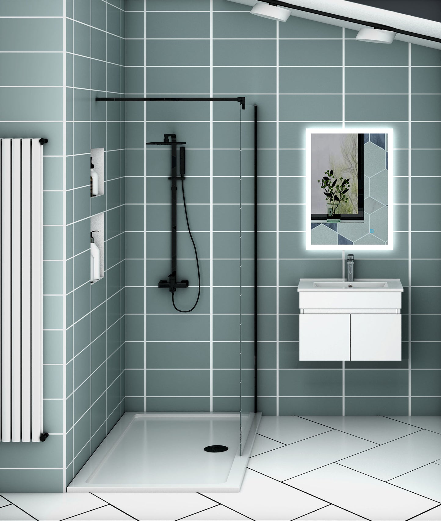 Meuble de salle de bain blanc mat sous lavabo suspendu avec deux portes et vasque en céramique