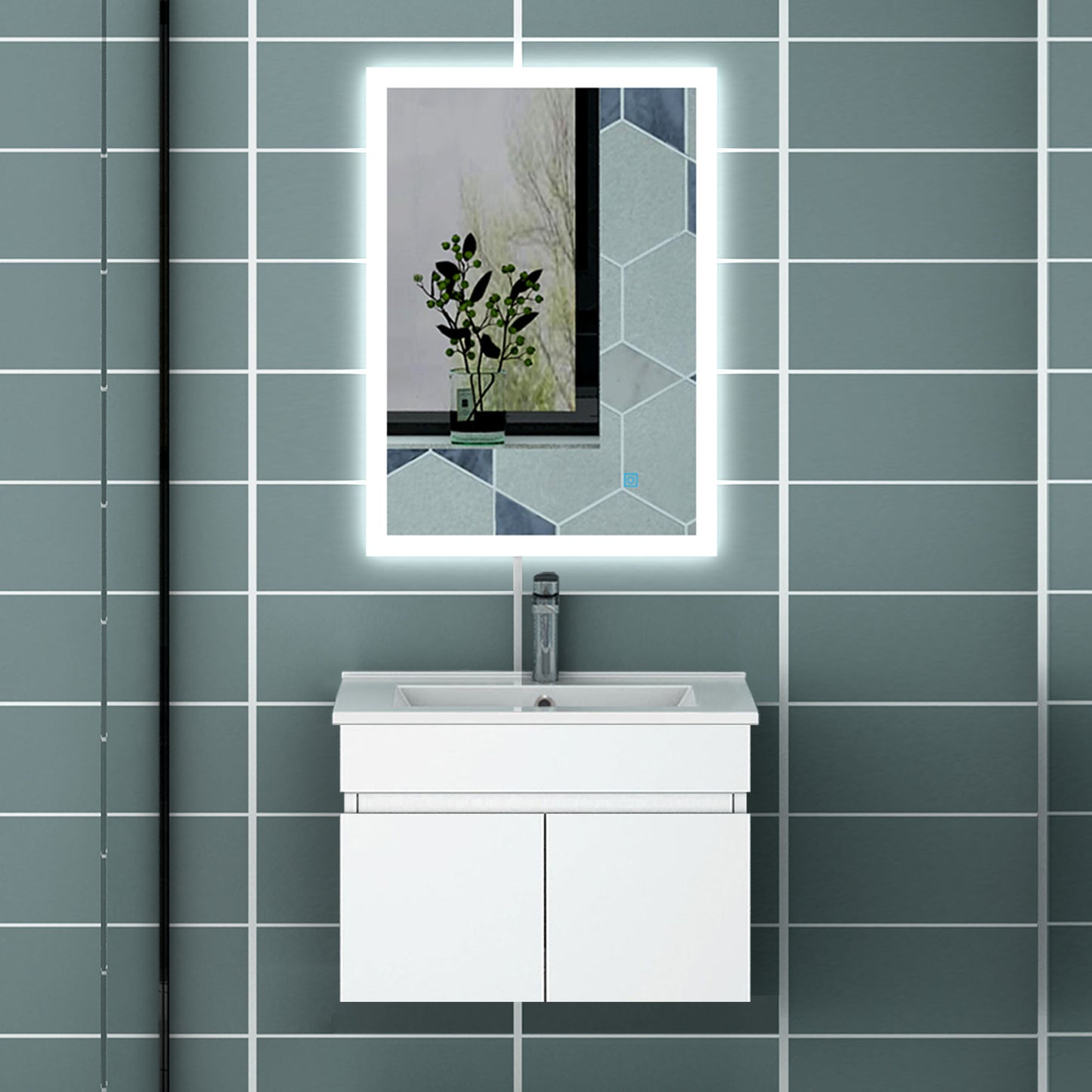 Meuble de salle de bain blanc mat sous lavabo suspendu avec deux portes et vasque en céramique