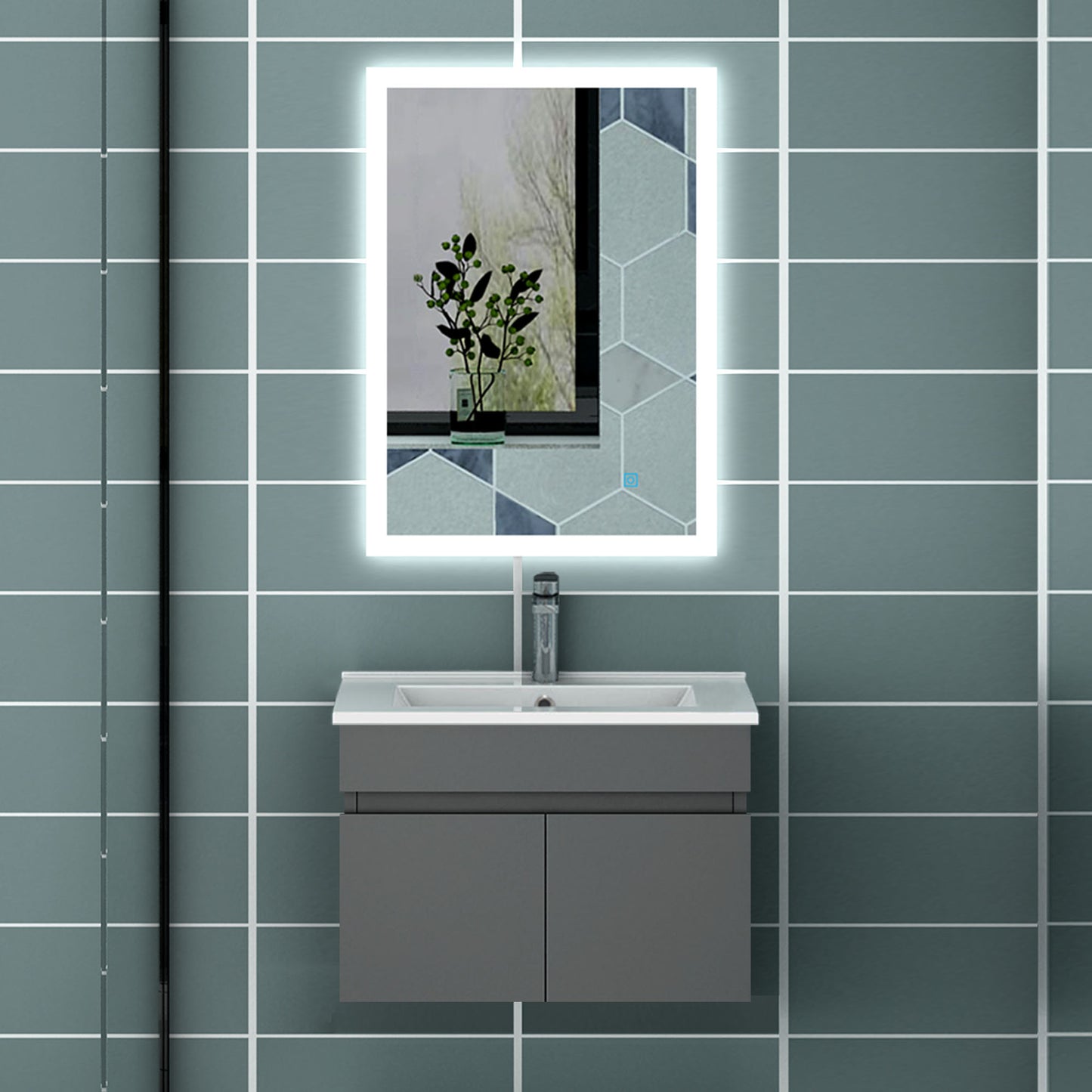 Meuble de salle de bain blanc mat sous lavabo suspendu avec deux portes et vasque en céramique