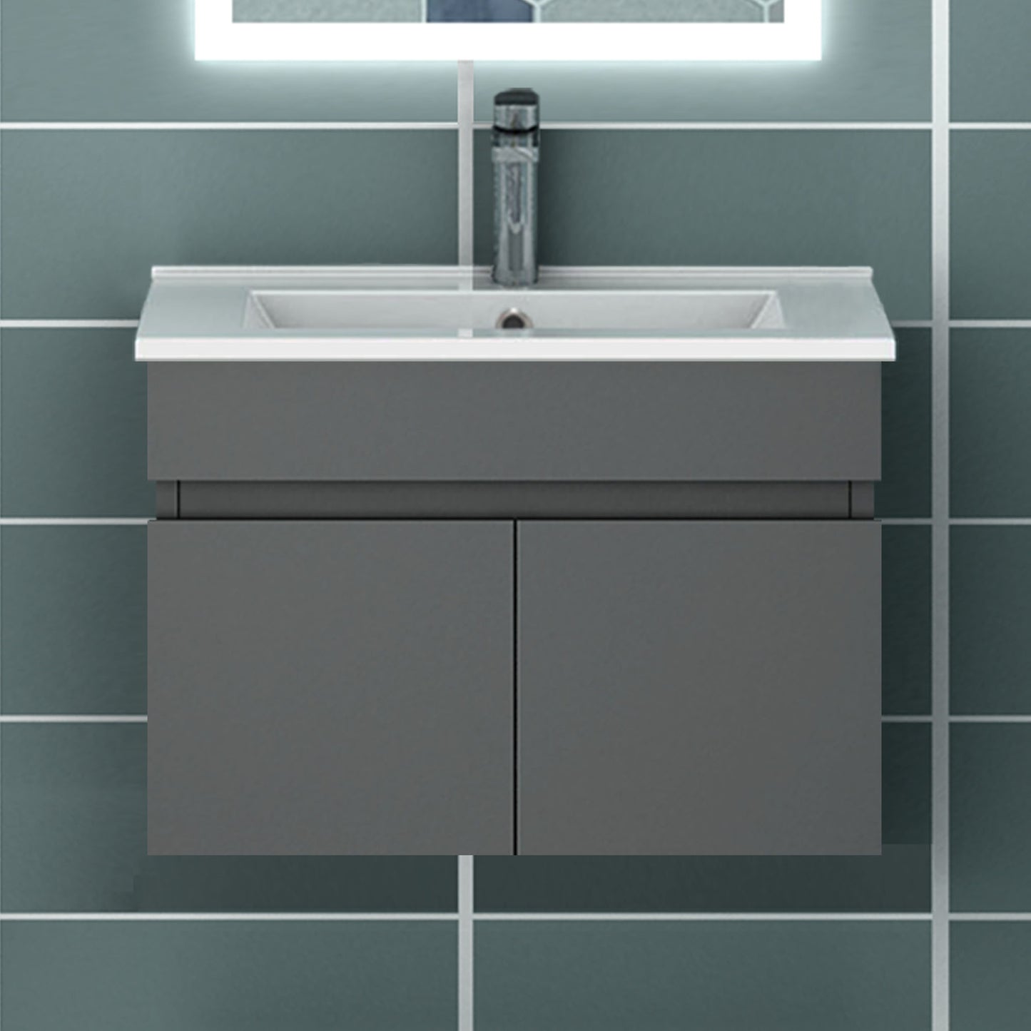 Meuble de salle de bain blanc mat sous lavabo suspendu avec deux portes et vasque en céramique