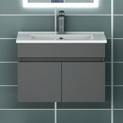 Meuble de salle de bain blanc mat sous lavabo suspendu avec deux portes et vasque en céramique