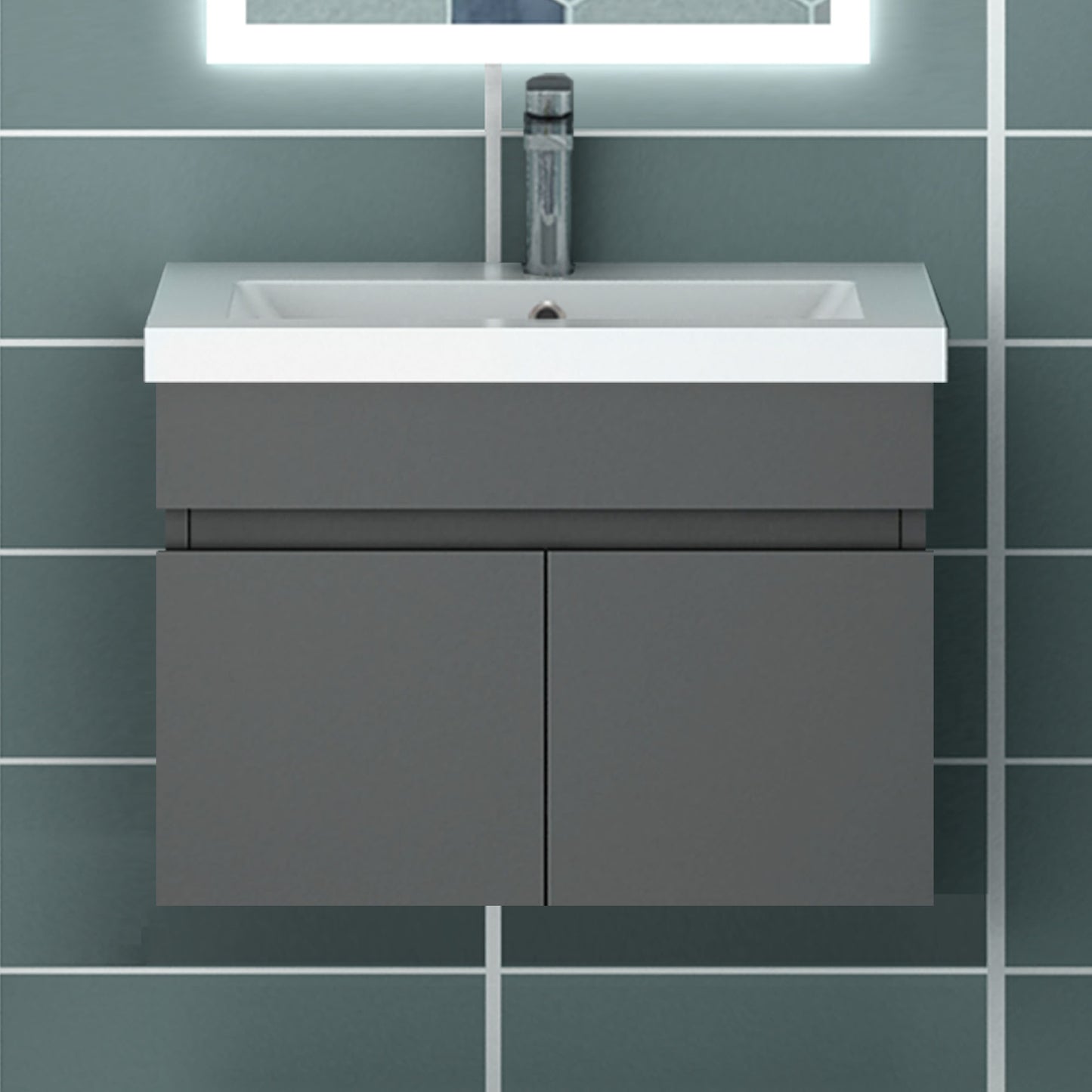 Meuble de salle de bain couleur chêne suspendu avec deux portes et vasque en céramique