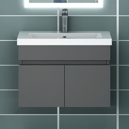 Meuble de salle de bain couleur chêne suspendu avec deux portes et vasque en céramique