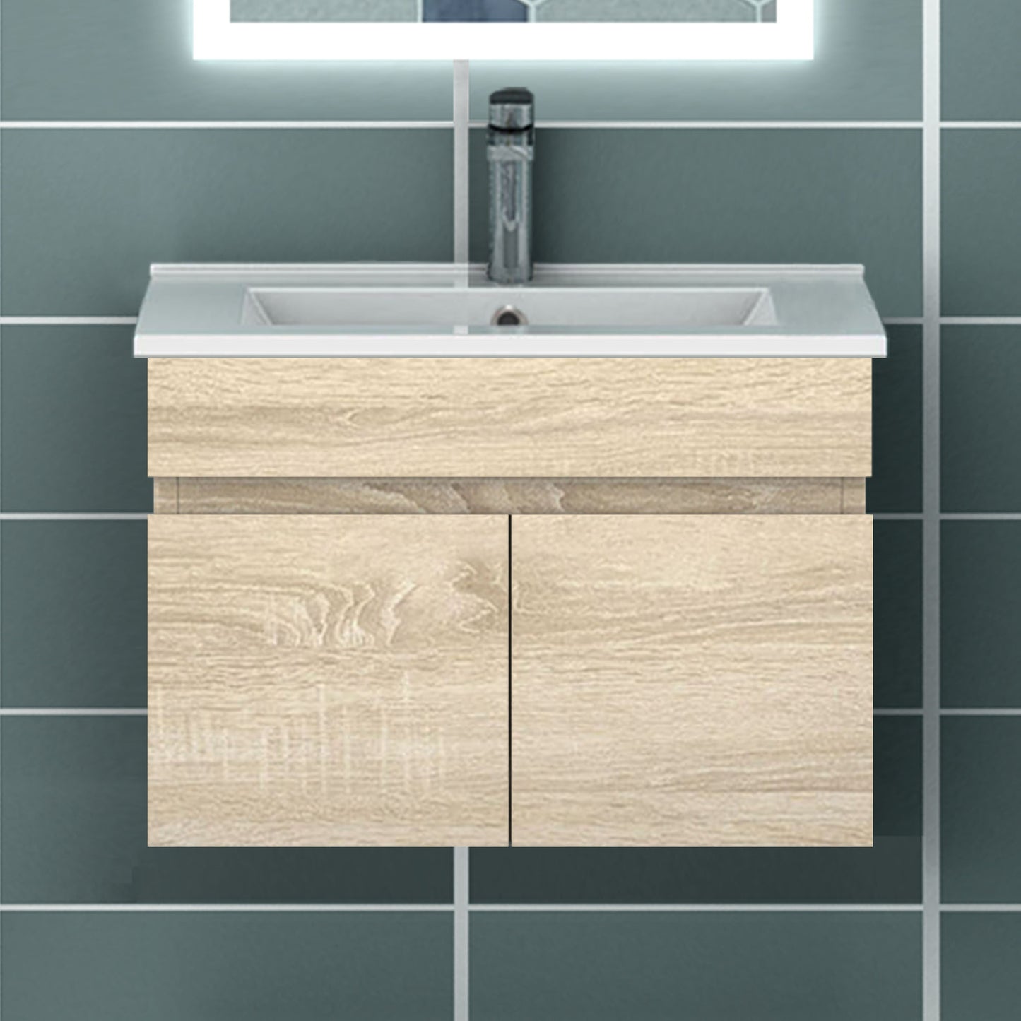 Meuble de salle de bain blanc mat sous lavabo suspendu avec deux portes et vasque en céramique