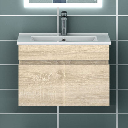 Meuble de salle de bain blanc mat sous lavabo suspendu avec deux portes et vasque en céramique