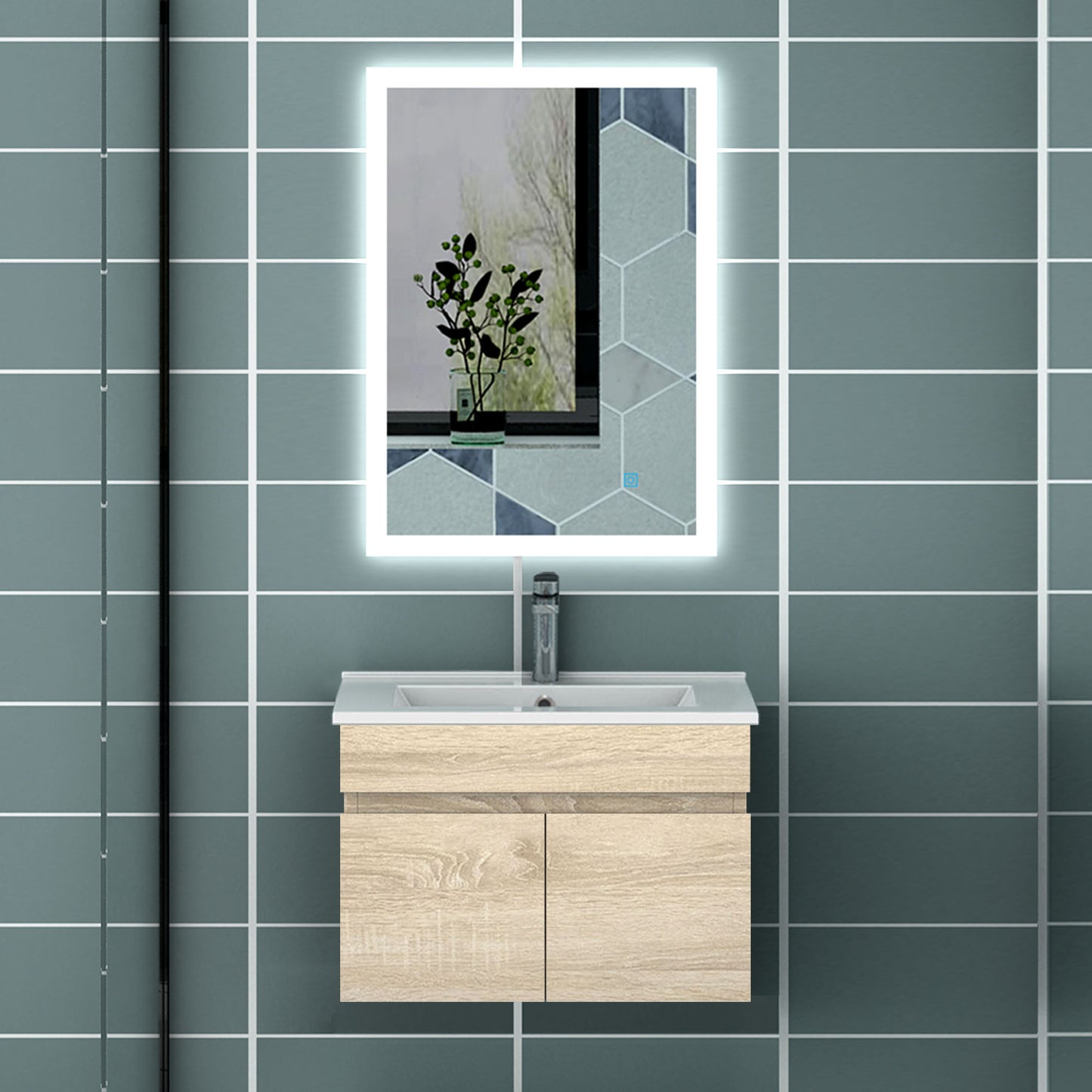Meuble de salle de bain blanc mat sous lavabo suspendu avec deux portes et vasque en céramique