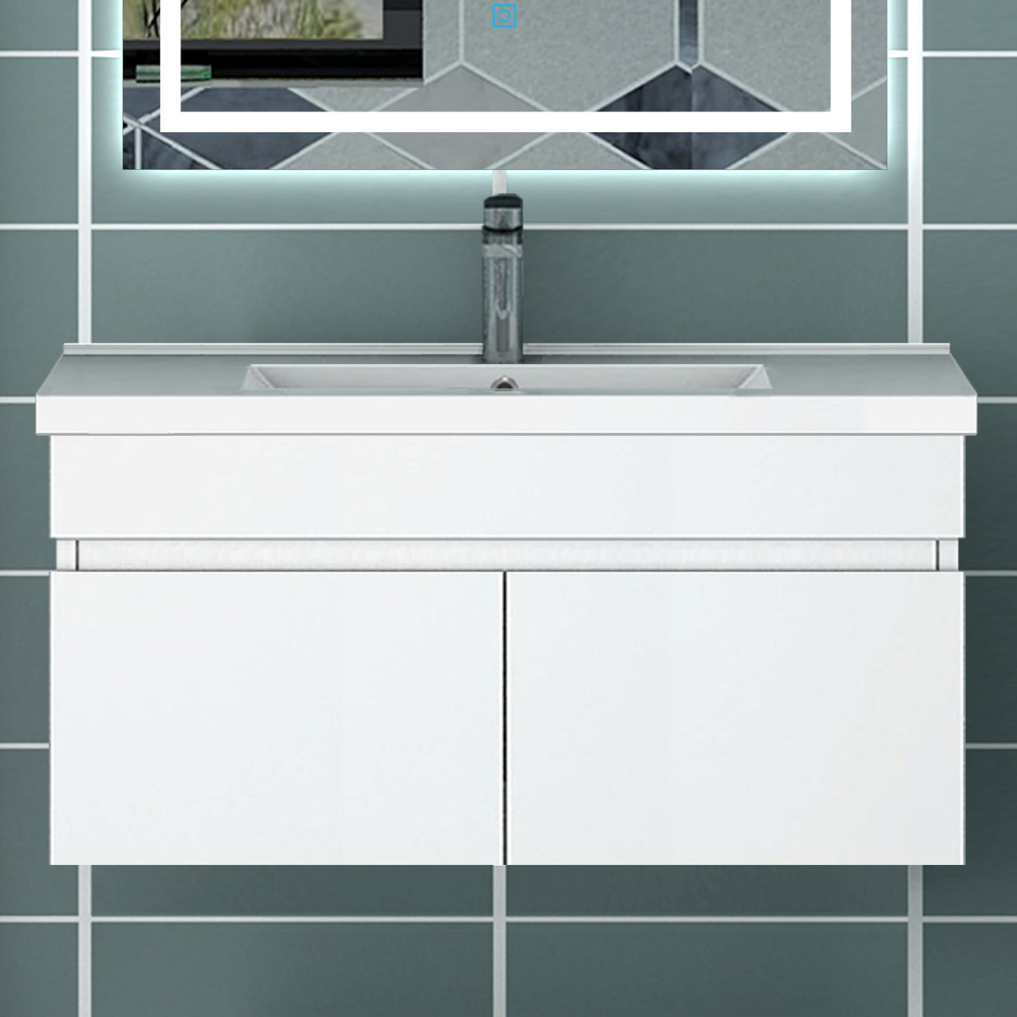 Meuble vasque suspendu avec deux portes, vasque en céramique , Meuble couleur blanc/ anthracite / couleur chêne