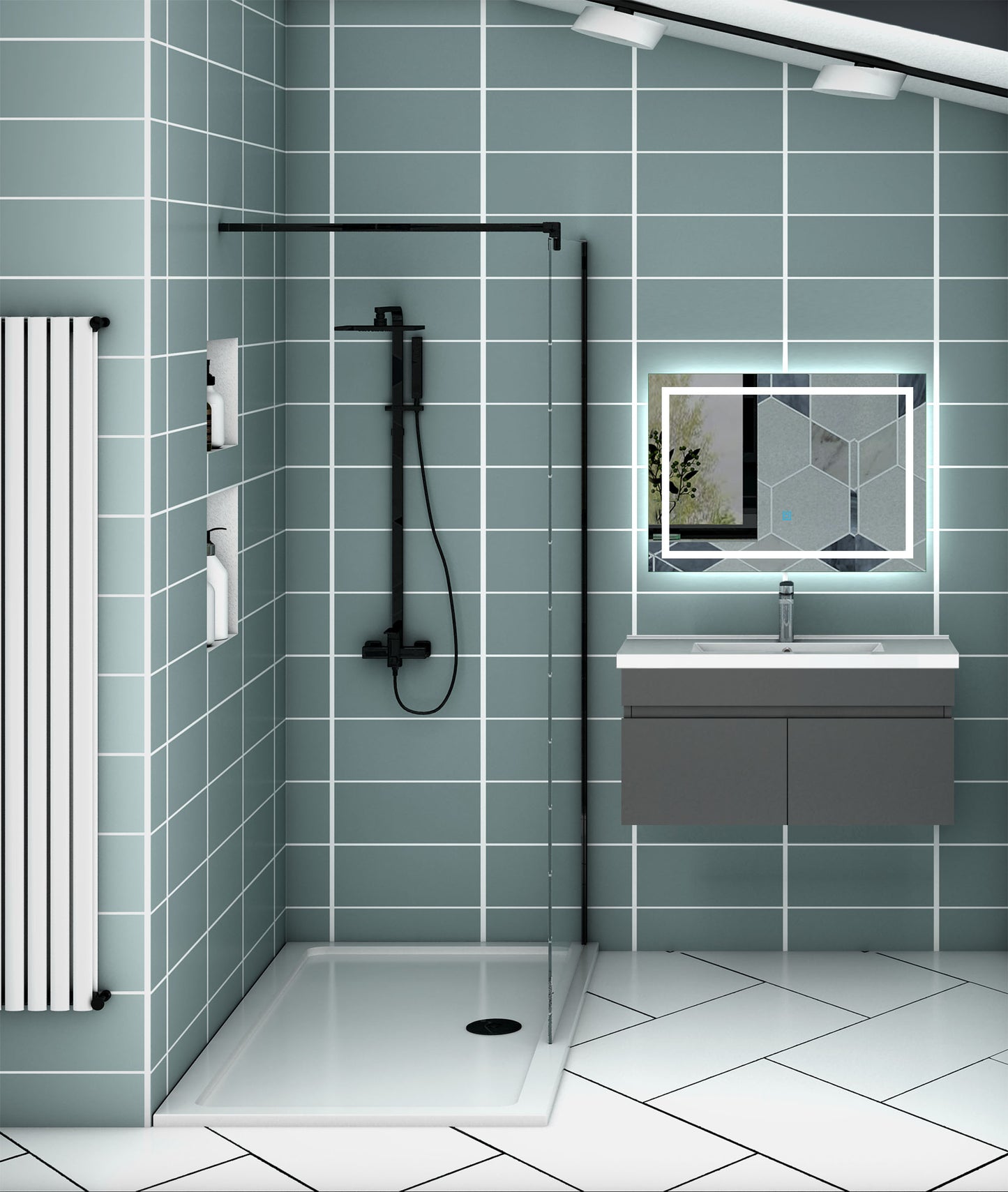 Meuble vasque suspendu avec deux portes, vasque en céramique , Meuble couleur blanc/ anthracite / couleur chêne