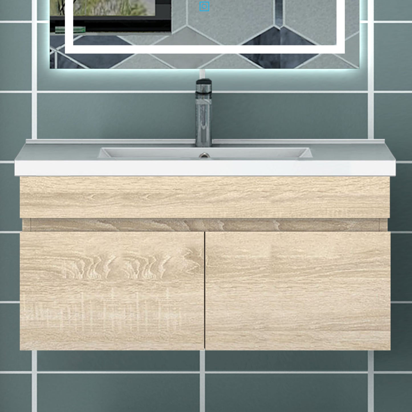 Meuble vasque suspendu avec deux portes, vasque en céramique , Meuble couleur blanc/ anthracite / couleur chêne