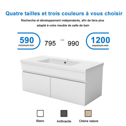 Meuble de salle de bain couleur chêne suspendu avec vasque en céramique, deux portes