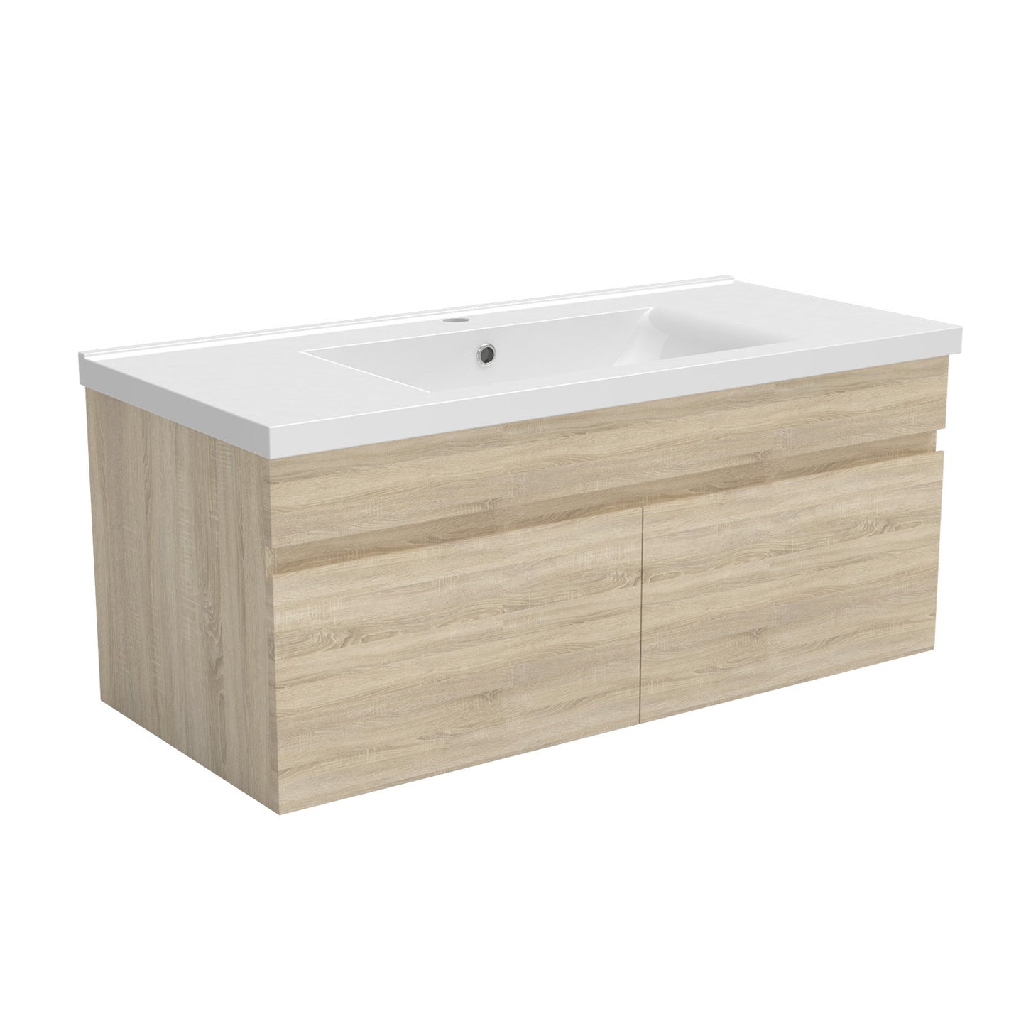 Meuble de salle de bain couleur chêne suspendu avec vasque en céramique, deux portes