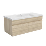 Meuble de salle de bain couleur chêne suspendu avec vasque en céramique, deux portes