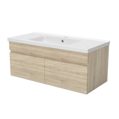 Meuble de salle de bain couleur chêne suspendu avec vasque en céramique, deux portes