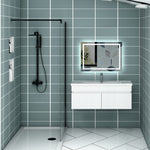 Meuble de salle de bain couleur chêne suspendu avec vasque en céramique, deux portes