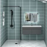 Meuble de salle de bain couleur chêne suspendu avec vasque en céramique, deux portes