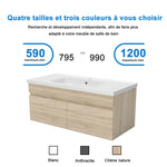 Meuble de salle de bain couleur chêne suspendu avec vasque en céramique, deux portes
