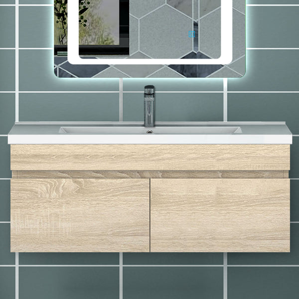 Meuble de salle de bain couleur chêne suspendu avec vasque en céramique, deux portes