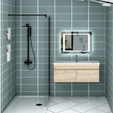 Meuble de salle de bain couleur chêne suspendu avec vasque en céramique, deux portes